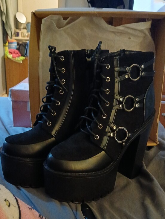 Shoes - Black Platform Lace-Up Ankle Boots with Ring Strap Detail